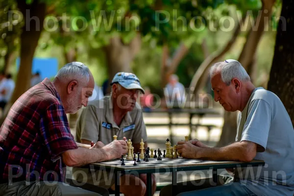 גברים מבוגרים עסקו במשחק שחמט נמרץ בפארק, ממדינת ישראל. הַלבָּשָׁה, כובע, שיתוף