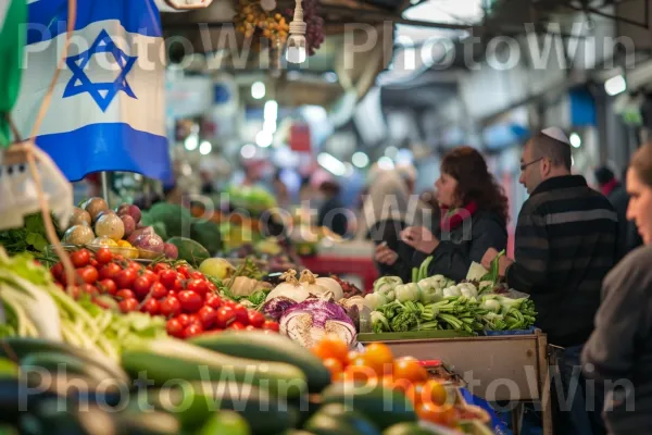 סצנת שוק תוססת, שוקקת תוצרת טרייה ושיחות ערות ממדינת ישראל. מזון מלא, מרחב ציבורי, יַרקָן