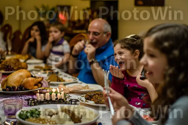 מפגש משפחתי משמח לארוחת שבת, ממדינת ישראל. שולחן, צַלַחַת, חיוך