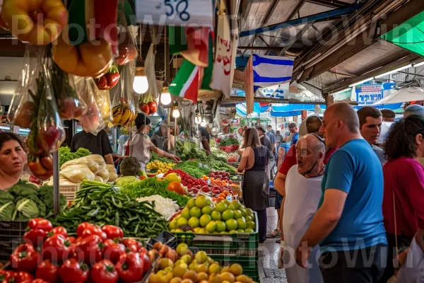 סצנת שוק תוססת, שוקקת תוצרת טרייה ושיחות ערות ממדינת ישראל. מזון, צמח, יַרקָן