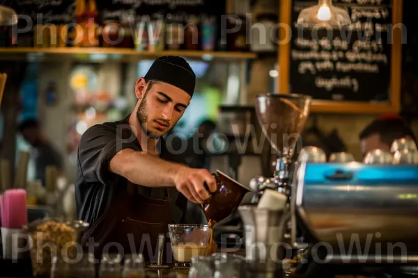 בריסטה מכין במומחיות כוס קפה ישראלי אותנטי, לוכד אושר ארומטי ממדינת ישראל. כלי שולחן, מתקן שתייה, לִשְׁתוֹת