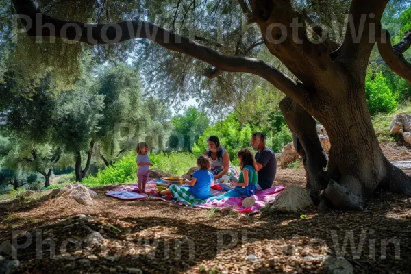 משפחות נהנות מפיקניק בצל עצי זית, ממדינת ישראל. צמח, ענף, צִמחִיָה