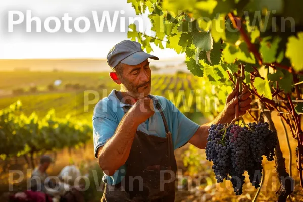 חקלאי מטפל בכרם, מטפח את הענבים שיניבו יין ישראלי משובח ממדינת ישראל. אנשים בטבע, שַׂמֵחַ, צהוב