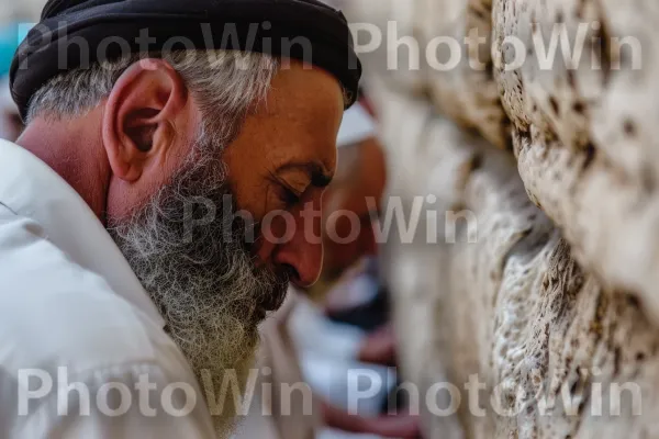 גברים אורתודוקסים מסורתיים שקועים בתפילה עמוקה בכותל ממדינת ישראל. זָקָן, בית המקדש, יונק