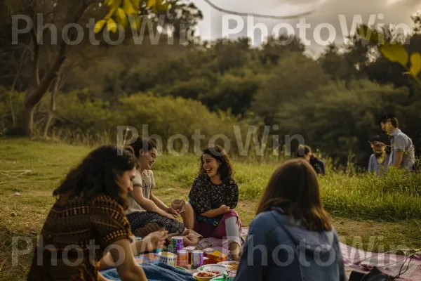 קבוצת חברים נהנית מפיקניק ישראלי מסורתי, צחוק מהדהד, ממדינת ישראל. תַצלוּם, עלה, צילום פלאש