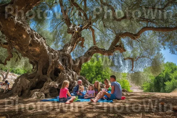 משפחות התכנסו לפיקניק בצל עץ זית עתיק, מוקירים זמן איכות, ממדינת ישראל. צמח, אזור אקולוגי, עץ