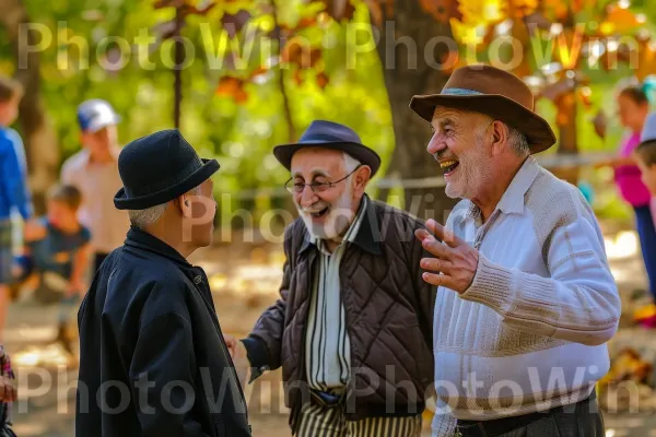 גברים מבוגרים עסקו בוויכוחים מונפשים בפארק מקומי, משמרים וחולקים חוכמה ממדינת ישראל. משקפיים, כובע, כובע שמש