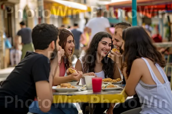 חברים נהנים מארוחת פלאפל טעימה, מתענגים על הטעם של ישראל, ממדינת ישראל. חיוך, שולחן, שַׂמֵחַ