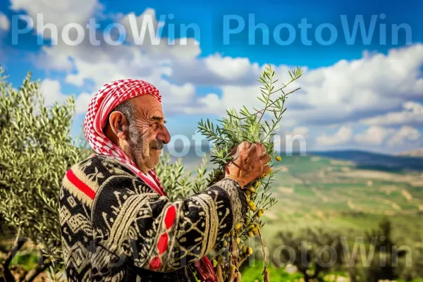 חקלאי מסיק זיתים באזור הגליל היפה, ממדינת ישראל. ענן, אנשים בטבע, דֶשֶׁא