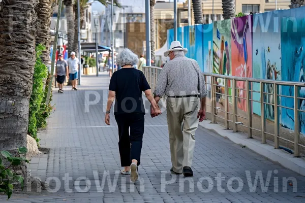 זוגות מבוגרים מטיילים יד ביד בטיילת הציורית של תל אביב ממדינת ישראל. פני הכביש, בִּניָן, צמח