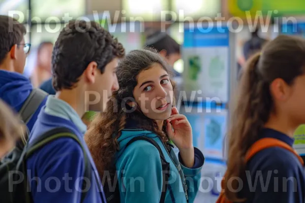 סטודנטים משתתפים בהתרגשות ביריד מדע, מציגים את המצאותיהם, ממדינת ישראל. חולצה קצרה, חֲבֵרוּת, נוֹפֶשׁ