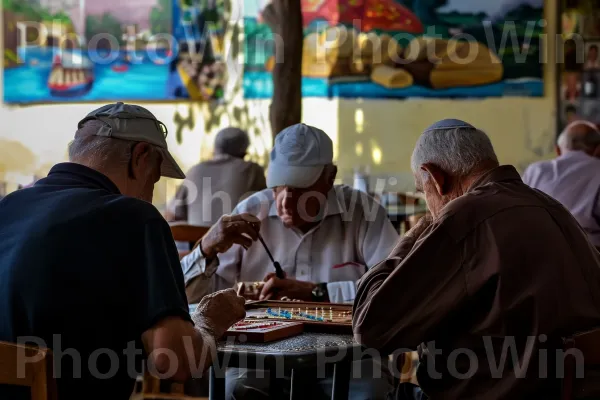 קשישים מקומיים שקועים עמוק במשחק שש בש בבית קפה מקומי, ממדינת ישראל. כובע, פְּנַאִי, כובע שמש