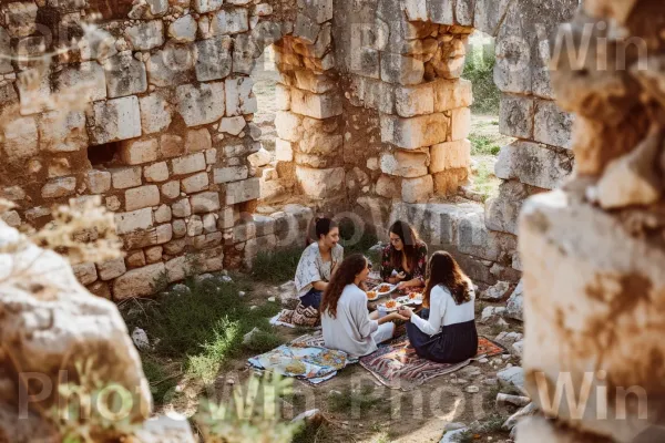 קבוצת חברים נהנית מפיקניק בין חורבות עתיקות, יופי טבע שזור בהיסטוריה, ממדינת ישראל. אנשים בטבע, נוֹף, עֵץ