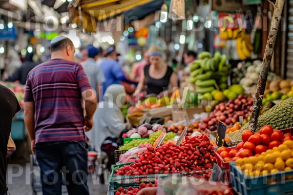 שוק רחוב תוסס, שוקק קונים ותוצרת צבעונית, ממדינת ישראל. מזון, צמח, מזון מלא