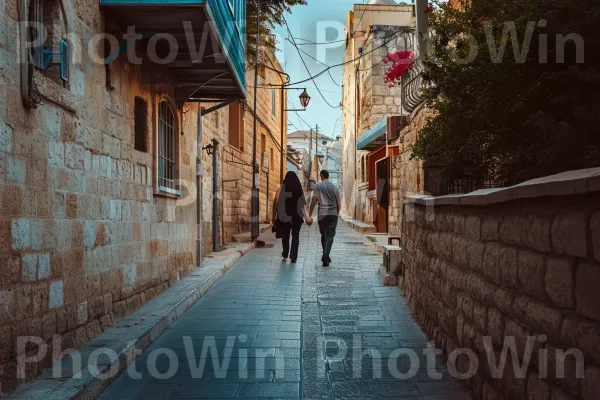 זוג מטייל יד ביד ברחובותיה הקסומים של צפת, ממדינת ישראל. בִּניָן, חַלוֹן, עץ