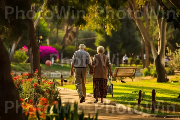 זוגות מבוגרים מטיילים יד ביד בפארק שליו ממדינת ישראל. צמח, ירוק, פֶּרַח