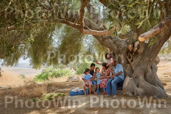 משפחות התכנסו לפיקניק בצל עץ זית עתיק, מוקירים זמן איכות, ממדינת ישראל. צמח, עֵץ, אנשים בטבע