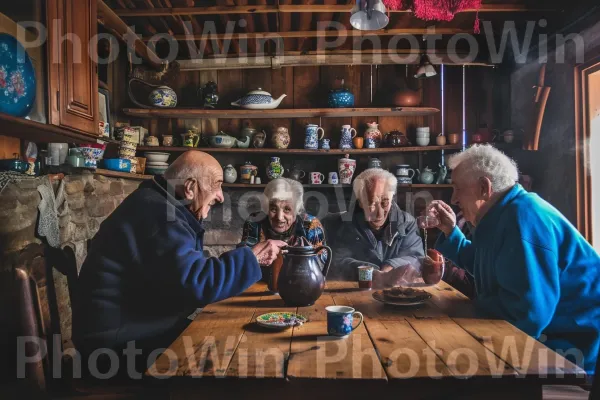 חברים ותיקים מתחברים מחדש על תה מסורתי, חולקים סיפורים וצחוקים, ממדינת ישראל. שולחן, מתקן שתייה, כלי שולחן