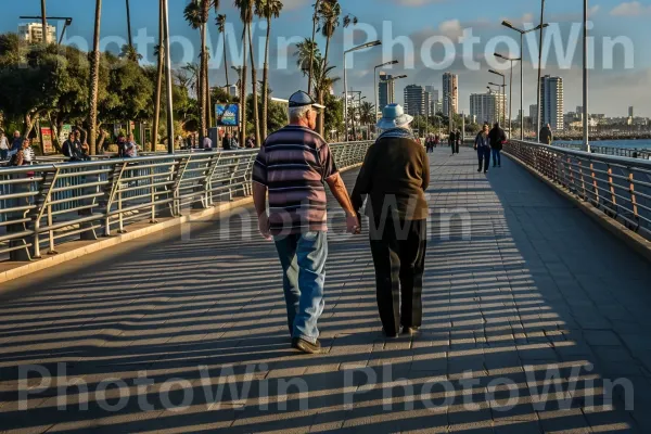 זוגות מבוגרים מטיילים יד ביד בטיילת הציורית של תל אביב ממדינת ישראל. תַשׁתִית, מחווה, פני הכביש