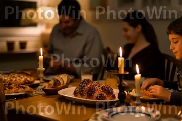 מפגש משפחתי סביב שולחן האוכל לארוחת שישי מסורתית ממדינת ישראל. נר, מִטְבָּח, תְאוּרָה