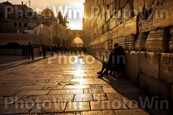 זוג חולק רגע אינטימי בכותל המערבי בירושלים, סמל למסירות נפש, ממדינת ישראל. שָׁמַיִם, תְאוּרָה, אוֹר שֶׁמֶשׁ