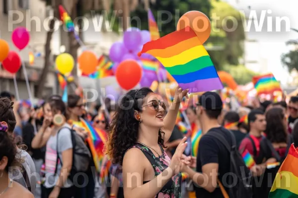 מצעד רחוב תוסס במהלך פסטיבל הגאווה השנתי של תל אביב, לקידום שוויון ממדינת ישראל. תַצלוּם, כתום, קבוצה חברתית