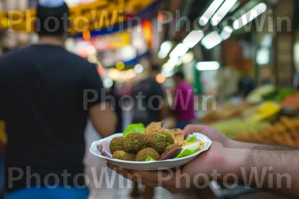 קבוצת חברים חולקת צלחת פלאפל מעורר תיאבון בשוק הומה ממדינת ישראל. מזון, מַרכִּיב, מִטְבָּח