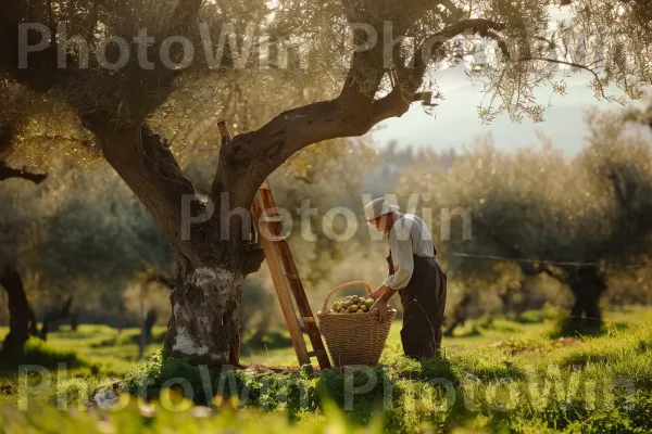 חקלאי מסיק זיתים בשלים מהמטע העתיק שלו, סמל לאדמת ישראל הפוריה, ממדינת ישראל. אנשים בטבע, עֵץ, ענף