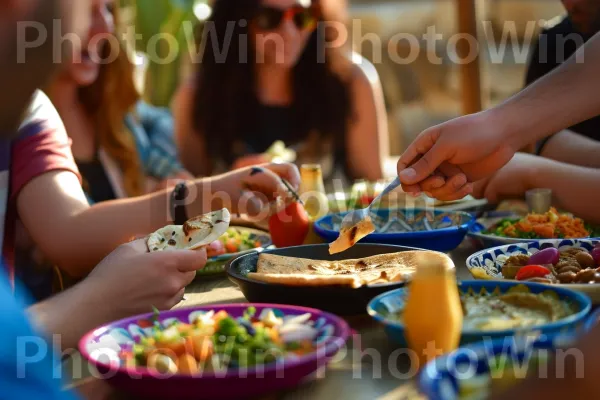 קבוצת חברים נהנית מארוחה ישראלית מסורתית, מתענגת על כל ביס, ממדינת ישראל. יד, צהוב, מַרכִּיב