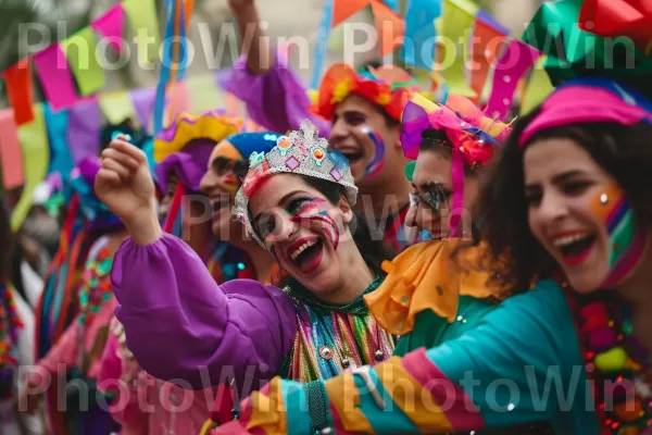 קבוצת חברים חוגגת פורים, לובשת תחפושות צבעוניות, ממדינת ישראל. הבעת פנים, שַׂמֵחַ, כובע