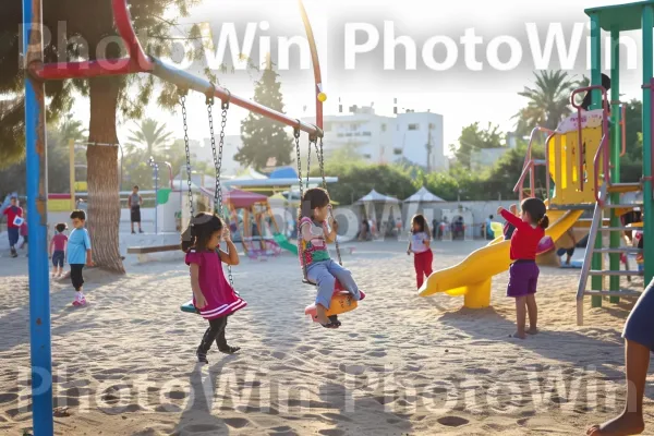 ילדים משחקים בגן משחקים מנשק שמש, צחוק מהדהד באוויר, ממדינת ישראל. שָׁמַיִם, כַּדוּר, פְּנַאִי