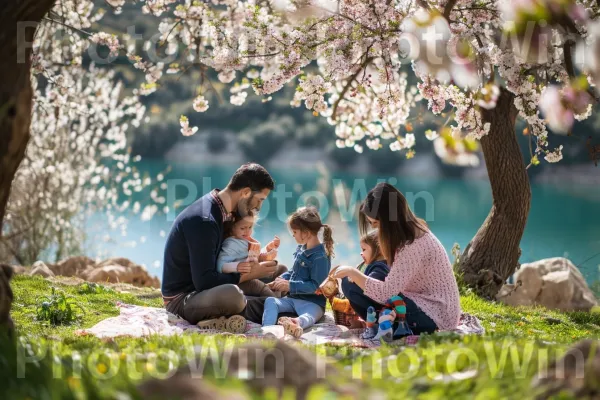 המשפחה נהנית מפיקניק שליו בצל שקדיה פורח, ממדינת ישראל. צמח, מים, אנשים בטבע