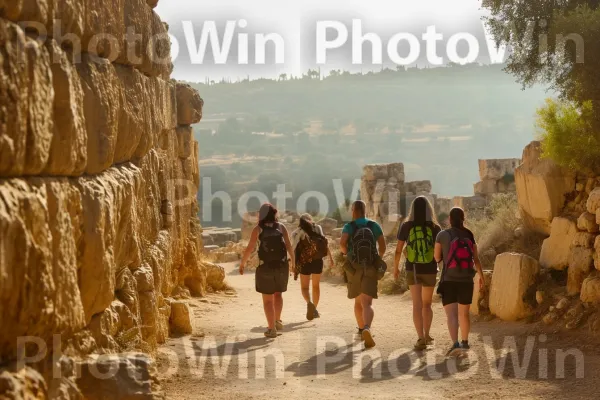 חברים מטיילים במסלולי עלייה לרגל עתיקים, מתחברים להיסטוריה ולרוחניות שלהם, ממדינת ישראל. מִכְנָסַיִים קְצָרִים, בית המקדש, נוֹף