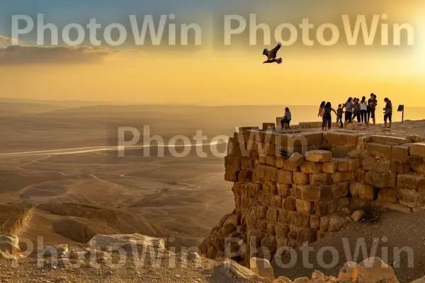 קבוצת מטיילים חוקרת את חורבותיה העתיקות של מצדה, ספוגות היסטוריה, ממדינת ישראל. אזור אקולוגי, אוֹר שֶׁמֶשׁ, נוֹף