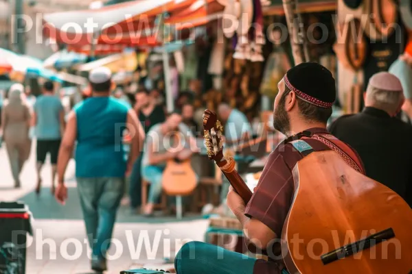 נגן רחוב משעשע את העוברים והשבים במוזיקה מסורתית ממדינת ישראל. מוּסִיקָאִי, כלי מיתר, כלי מיתר מרוט