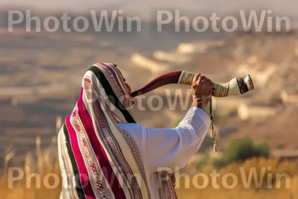 איש תוקע בשופר, הקרן היהודית המסורתית, בראש השנה ממדינת ישראל. בגדים עליונים, צמח, אזור אקולוגי