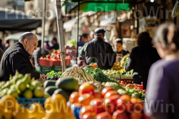 מקומיים קונים תוצרת טרייה בשוק איכרים תוסס בחיפה, ממדינת ישראל. מזון, מוכר, מזון מלא