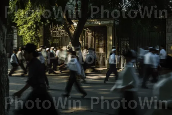 הצצות של יהודים אורתודוקסים ממהרים לבית הכנסת לתפילת יום שישי ממדינת ישראל. פני הכביש, עֵץ, ארכיטקטורה