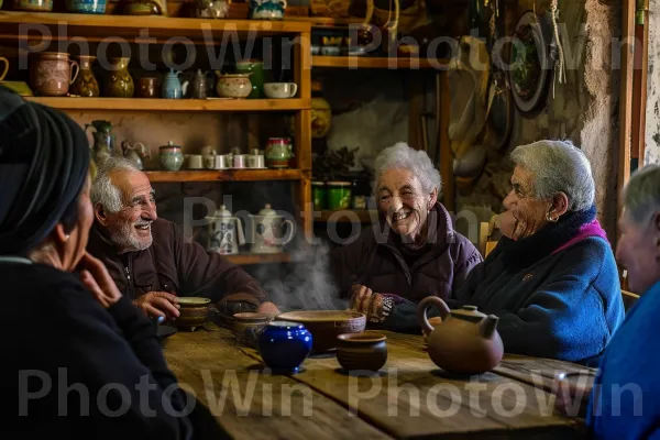 חברים ותיקים מתחברים מחדש על תה מסורתי, חולקים סיפורים וצחוקים, ממדינת ישראל. שולחן, חיוך, אירוע