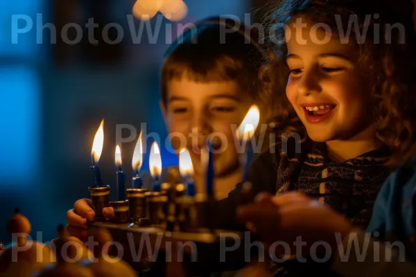 ילדים מדליקים חנוכיות, פניהם זוהרות בהתרגשות ושמחה ממדינת ישראל. חיוך, נר, נר יום הולדת