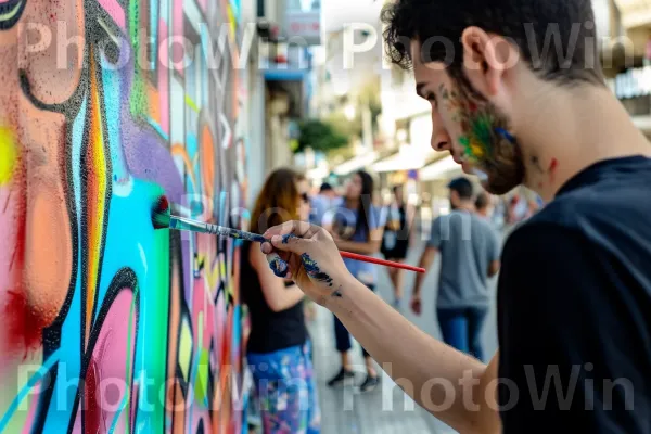 אמן צעיר המצייר בלהט ציור קיר תוסס ברחוב תל אביבי, ממדינת ישראל. אופנה, קִיר, אומנות