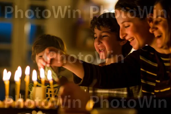 משפחה מדליקה את חנוכיית חנוכה, מאירה את ביתה בחום, ממדינת ישראל. חיוך, שַׂמֵחַ, נר יום הולדת