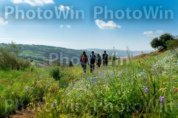 חברים מטיילים בשבילים עוצרי הנשימה של רמת הגולן, חווים את יופי הטבע, ממדינת ישראל. צמח, נוף טבעי, עֵץ