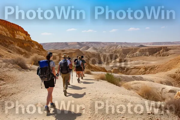 קבוצת מטיילים נהנית ממסלול אתגרי בנגב ממדינת ישראל. שָׁמַיִם, הַר, טיול