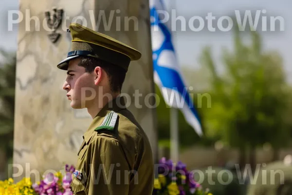 חייל חגיגי עומד ושומר ליד האנדרטה, מכבד גיבורים שנפלו ממדינת ישראל. כובע, איש צבא, צמח