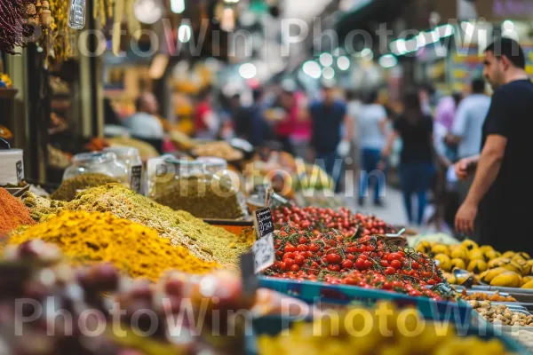 שוק ירושלמי שוקק חיים, מלא בצבעים וניחוחות של המטבח המזרח תיכוני, ממדינת ישראל. תַצלוּם, מַרכִּיב, מזונות טבעיים