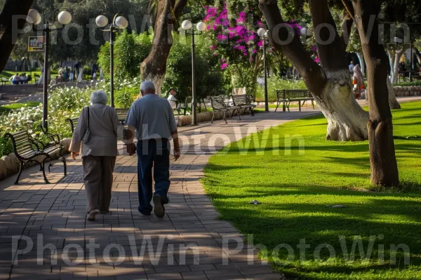 זוגות מבוגרים מטיילים יד ביד בפארק שליו ממדינת ישראל. ירוק, עֵץ, בּוֹטָנִיקָה