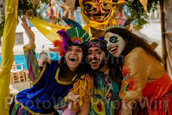 קבוצת חברים חוגגת פורים, לובשת תחפושות צבעוניות, ממדינת ישראל. שַׂמֵחַ, פְּנַאִי, אירוע