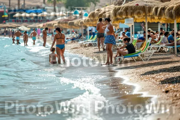 צופי חוף נשיקות שמש לספוג את הים התיכון באילת שטופת השמש, ממדינת ישראל. מים, אנשים על החוף, החוף