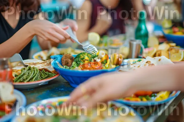 קבוצת חברים נהנית מארוחה ישראלית מסורתית, מתענגת על כל ביס, ממדינת ישראל. מזון, ירוק, מַרכִּיב